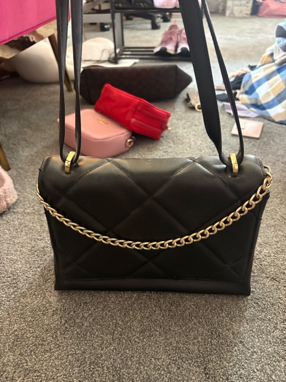 a new day Quilted Black Shoulder Bag with Gold Chain